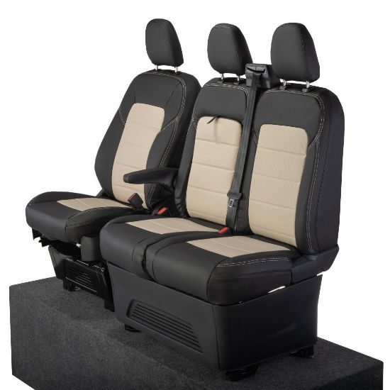 UK Custom Covers Ford Transit Custom Seat Covers Tailored Leatherette (2023+) - Block Stitch - 2 Tone (Black with Cream)