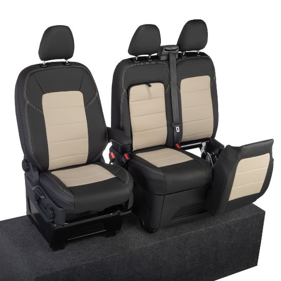 Picture of UK Custom Covers Ford Transit Custom Seat Covers Tailored Leatherette (2023+) - Block Stitch - 2 Tone (Black with Cream) | SC1276B