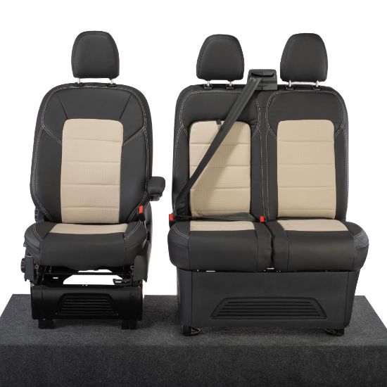 Picture of UK Custom Covers Ford Transit Custom Seat Covers Tailored Leatherette (2023+) - Block Stitch - 2 Tone (Black with Cream) | SC1276B