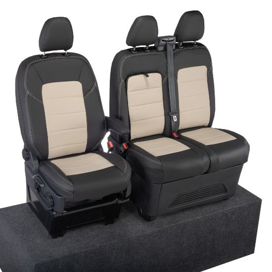 Picture of UK Custom Covers Ford Transit Custom Seat Covers Tailored Leatherette (2023+) - Block Stitch - 2 Tone (Black with Cream) | SC1276B
