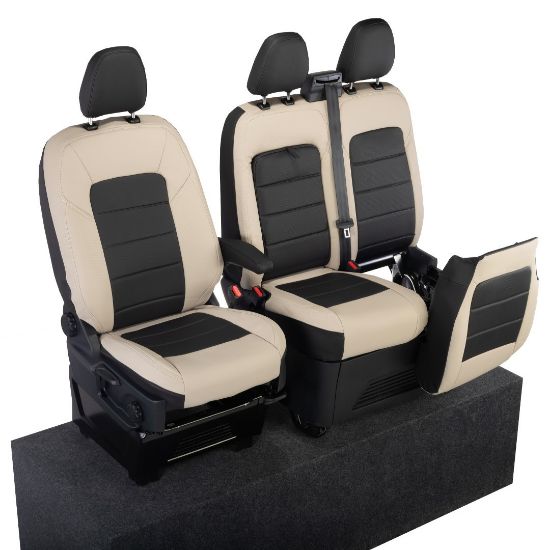 Picture of UK Custom Covers Ford Transit Custom Seat Covers Tailored Leatherette (2023+) - Block Stitch - 2 Tone (Cream with Black) | SC1278B