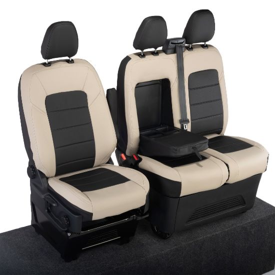Picture of UK Custom Covers Ford Transit Custom Seat Covers Tailored Leatherette (2023+) - Block Stitch - 2 Tone (Cream with Black) | SC1278B