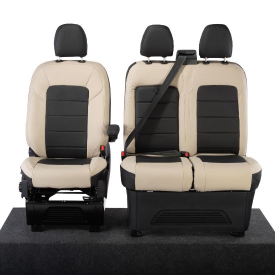 Picture of UK Custom Covers Ford Transit Custom Seat Covers Tailored Leatherette (2023+) - Block Stitch - 2 Tone (Cream with Black) | SC1278B