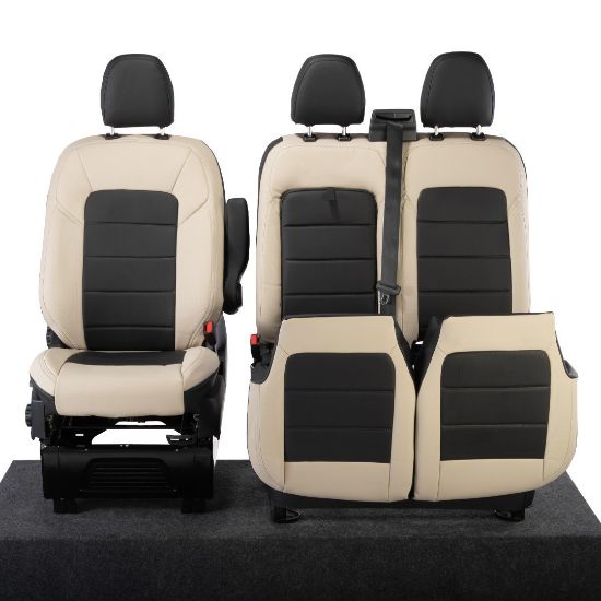 Picture of UK Custom Covers Ford Transit Custom Seat Covers Tailored Leatherette (2023+) - Block Stitch - 2 Tone (Cream with Black) | SC1278B