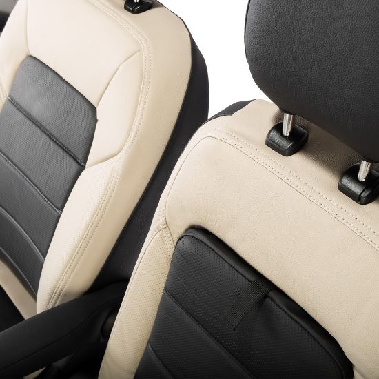 Picture of UK Custom Covers Ford Transit Custom Seat Covers Tailored Leatherette (2023+) - Block Stitch - 2 Tone (Cream with Black) | SC1278B