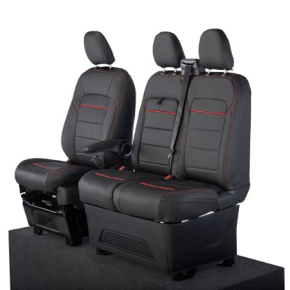 UK Custom Covers Ford Transit Custom Seat Covers Tailored Leatherette (2023+) - Block Stitch - Black & Red