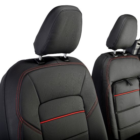 Picture of UK Custom Covers Ford Transit Custom Seat Covers Tailored Leatherette (2023+) - Block Stitch - Black & Red | SC1281B