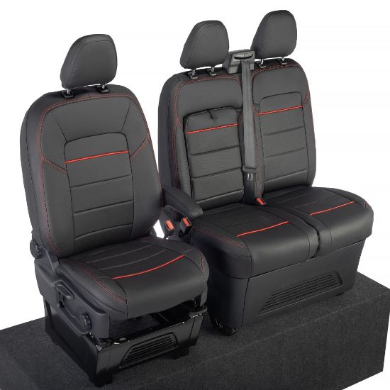 Picture of UK Custom Covers Ford Transit Custom Seat Covers Tailored Leatherette (2023+) - Block Stitch - Black & Red | SC1281B