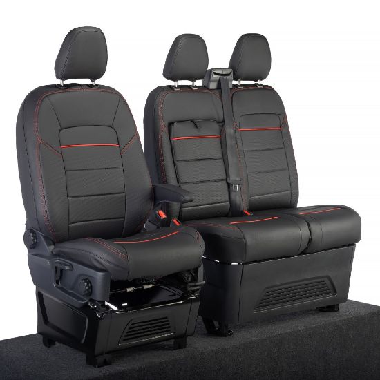 Picture of UK Custom Covers Ford Transit Custom Seat Covers Tailored Leatherette (2023+) - Block Stitch - Black & Red | SC1281B