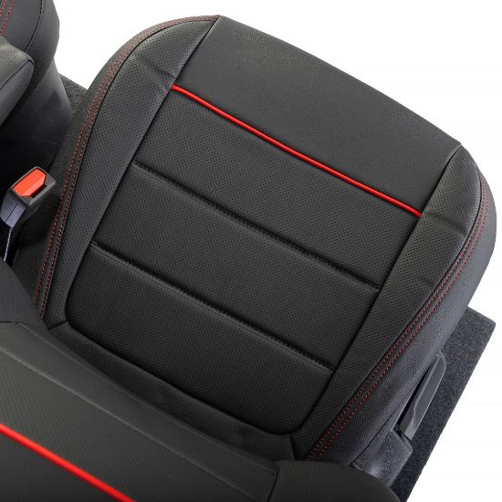 Picture of UK Custom Covers Ford Transit Custom Seat Covers Tailored Leatherette (2023+) - Block Stitch - Black & Red | SC1281B