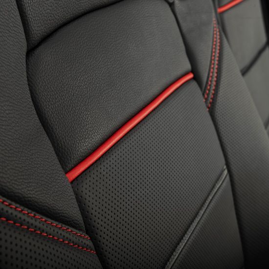 Picture of UK Custom Covers Ford Transit Custom Seat Covers Tailored Leatherette (2023+) - Block Stitch - Black & Red | SC1281B