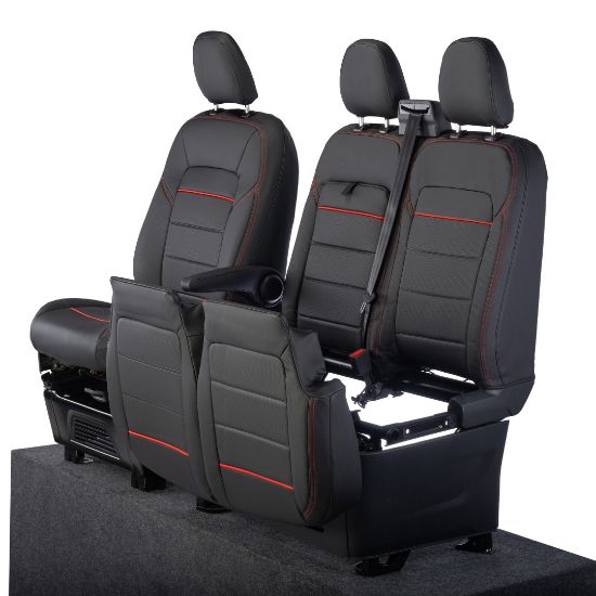Picture of UK Custom Covers Ford Transit Custom Seat Covers Tailored Leatherette (2023+) - Block Stitch - Black & Red | SC1281B