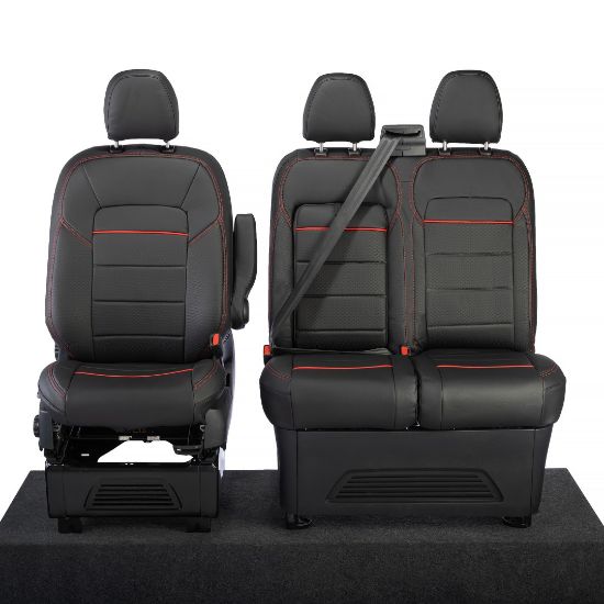 Picture of UK Custom Covers Ford Transit Custom Seat Covers Tailored Leatherette (2023+) - Block Stitch - Black & Red | SC1281B