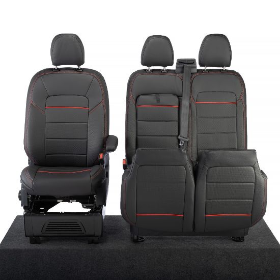Picture of UK Custom Covers Ford Transit Custom Seat Covers Tailored Leatherette (2023+) - Block Stitch - Black & Red | SC1281B