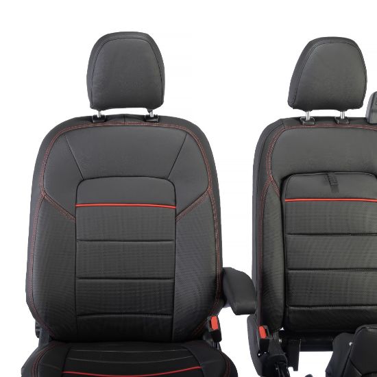 Picture of UK Custom Covers Ford Transit Custom Seat Covers Tailored Leatherette (2023+) - Block Stitch - Black & Red | SC1281B