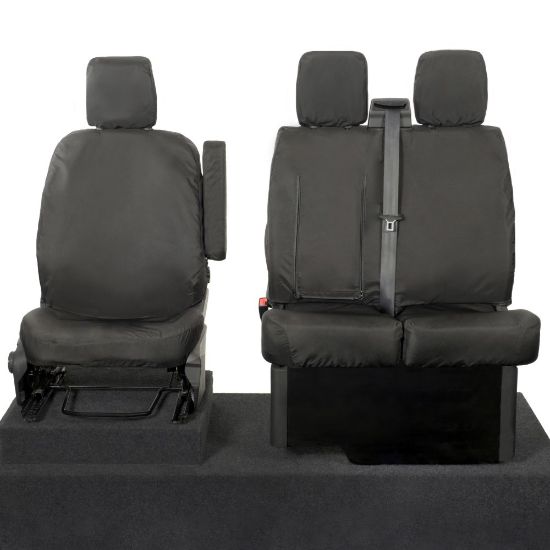 UK Custom Covers Ford Transit Custom Seat Covers Cotton-Backed PU (2013-2023) - Front (single/Double WITH pull Down Tray / Black