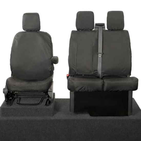 Picture of UK Custom Covers Ford Transit Custom Seat Covers Cotton-Backed PU (2013-2023) - Front (single/Double WITH pull Down Tray / Black | SC102B