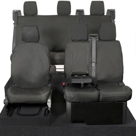 UK Custom Covers Ford Transit Custom Seat Covers Cotton-Backed PU (2013-2023) - Front & Rear (6 Seat With Front Pull Down Tray) - Black