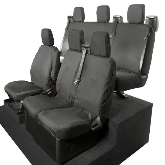 Picture of UK Custom Covers Ford Transit Custom Seat Covers Cotton-Backed PU (2013-2023) - Front & Rear (6 Seat With Front Pull Down Tray) - Black | SC102B-131B