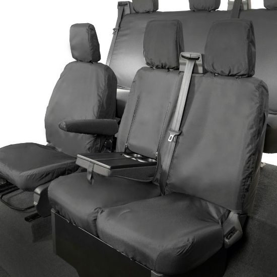 Picture of UK Custom Covers Ford Transit Custom Seat Covers Cotton-Backed PU (2013-2023) - Front & Rear (6 Seat With Front Pull Down Tray) - Black | SC102B-131B