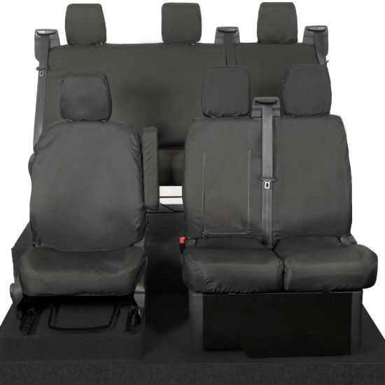 Picture of UK Custom Covers Ford Transit Custom Seat Covers Cotton-Backed PU (2013-2023) - Front & Rear (6 Seat With Front Pull Down Tray) - Black | SC102B-131B