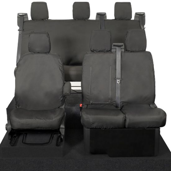 Picture of UK Custom Covers Ford Transit Custom Seat Covers Cotton-Backed PU (2013-2023) - Front & Rear (6 Seat With Front Pull Down Tray) - Black | SC102B-131B
