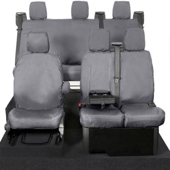 UK Custom Covers Ford Transit Custom Seat Covers Cotton-Backed PU (2013-2023) - Front & Rear (6 Seat With Front Pull Down Tray) - Grey