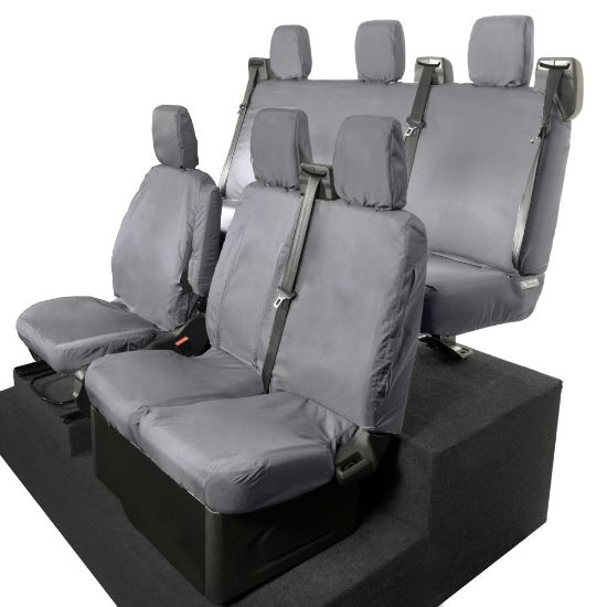 Picture of UK Custom Covers Ford Transit Custom Seat Covers Cotton-Backed PU (2013-2023) - Front & Rear (6 Seat With Front Pull Down Tray) - Grey | SC102G-131G