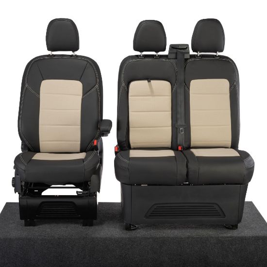 Picture of UK Custom Covers Ford Transit Custom Seat Covers Tailored Leatherette (2023+) - Block Stitch - 2 Tone (Black with Cream) | SC1276B