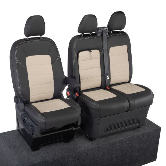 Picture of UK Custom Covers Ford Transit Custom Seat Covers Tailored Leatherette (2023+) - Block Stitch - 2 Tone (Black with Cream) | SC1276B