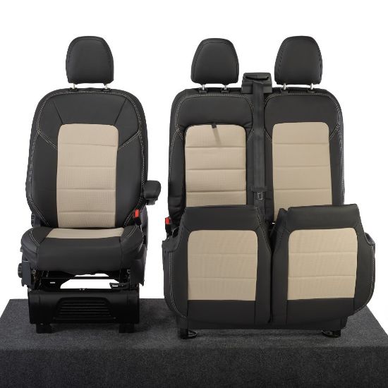 Picture of UK Custom Covers Ford Transit Custom Seat Covers Tailored Leatherette (2023+) - Block Stitch - 2 Tone (Black with Cream) | SC1276B