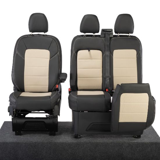 Picture of UK Custom Covers Ford Transit Custom Seat Covers Tailored Leatherette (2023+) - Block Stitch - 2 Tone (Black with Cream) | SC1276B