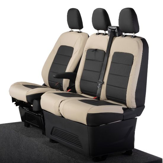 UK Custom Covers Ford Transit Custom Seat Covers Tailored Leatherette (2023+) - Block Stitch - 2 Tone (Cream with Black)