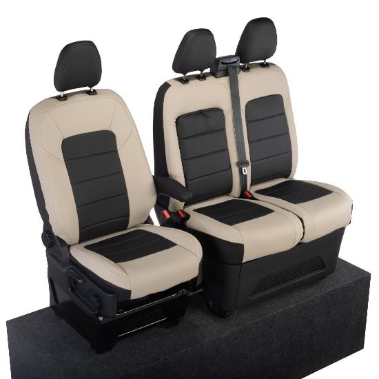 Picture of UK Custom Covers Ford Transit Custom Seat Covers Tailored Leatherette (2023+) - Block Stitch - 2 Tone (Cream with Black) | SC1278B