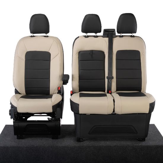 Picture of UK Custom Covers Ford Transit Custom Seat Covers Tailored Leatherette (2023+) - Block Stitch - 2 Tone (Cream with Black) | SC1278B