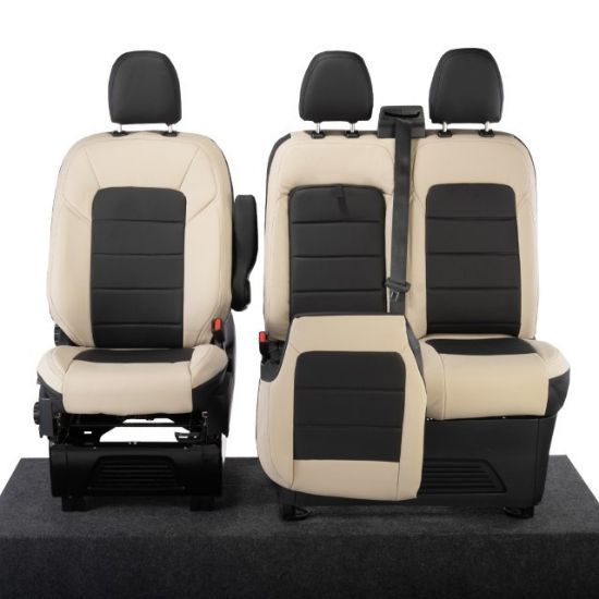 Picture of UK Custom Covers Ford Transit Custom Seat Covers Tailored Leatherette (2023+) - Block Stitch - 2 Tone (Cream with Black) | SC1278B