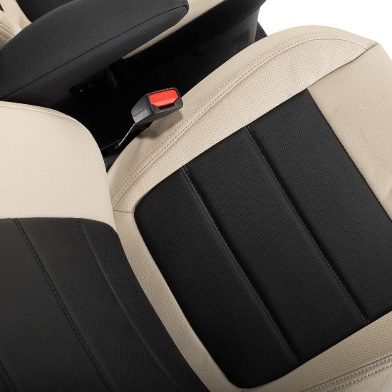 Picture of UK Custom Covers Ford Transit Custom Seat Covers Tailored Leatherette (2023+) - Block Stitch - 2 Tone (Cream with Black) | SC1278B