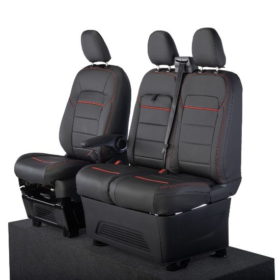 UK Custom Covers Ford Transit Custom Seat Covers Tailored Leatherette (2023+) - Block Stitch - Black & Red