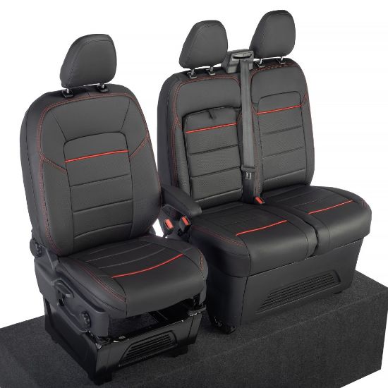 Picture of UK Custom Covers Ford Transit Custom Seat Covers Tailored Leatherette (2023+) - Block Stitch - Black & Red | SC1281B