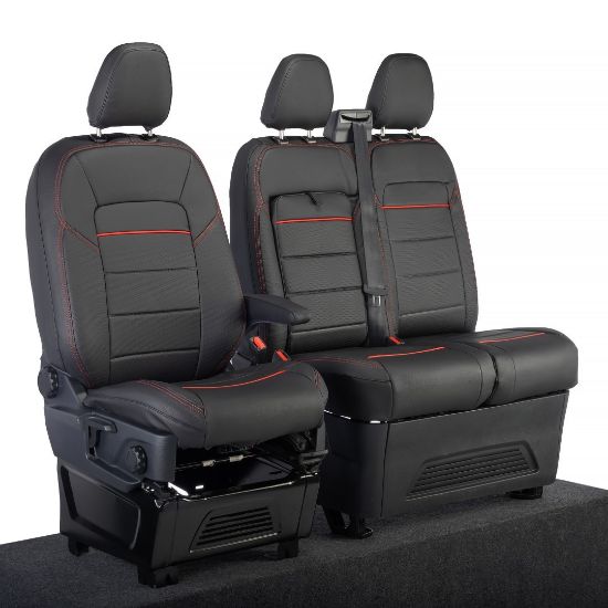 Picture of UK Custom Covers Ford Transit Custom Seat Covers Tailored Leatherette (2023+) - Block Stitch - Black & Red | SC1281B