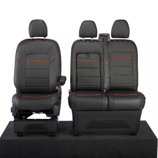 Picture of UK Custom Covers Ford Transit Custom Seat Covers Tailored Leatherette (2023+) - Block Stitch - Black & Red | SC1281B