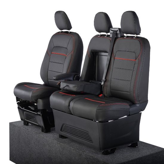 Picture of UK Custom Covers Ford Transit Custom Seat Covers Tailored Leatherette (2023+) - Block Stitch - Black & Red | SC1281B