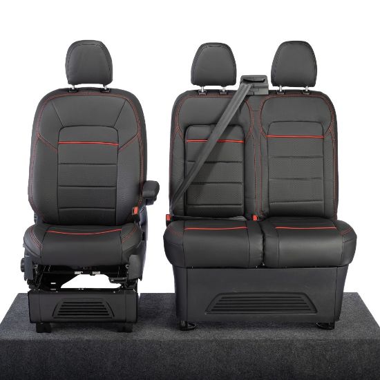 Picture of UK Custom Covers Ford Transit Custom Seat Covers Tailored Leatherette (2023+) - Block Stitch - Black & Red | SC1281B