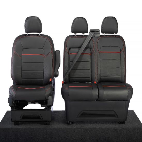 Picture of UK Custom Covers Ford Transit Custom Seat Covers Tailored Leatherette (2023+) - Block Stitch - Black & Red | SC1281B