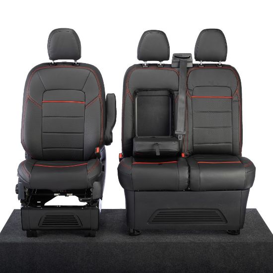 Picture of UK Custom Covers Ford Transit Custom Seat Covers Tailored Leatherette (2023+) - Block Stitch - Black & Red | SC1281B