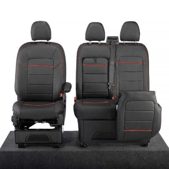 Picture of UK Custom Covers Ford Transit Custom Seat Covers Tailored Leatherette (2023+) - Block Stitch - Black & Red | SC1281B
