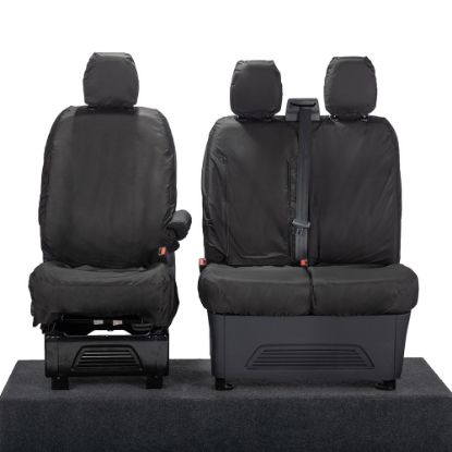 UK Custom Covers Ford Transit Custom Seat Covers Cotton-Backed PU (2023+) - Front (single/Double WITH pull Down Tray / Black