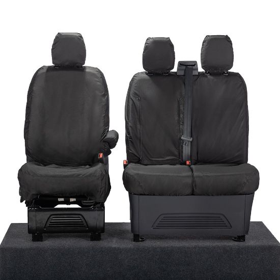UK Custom Covers Ford Transit Custom Seat Covers Cotton-Backed PU (2023+) - Front (single/Double WITH pull Down Tray / Black