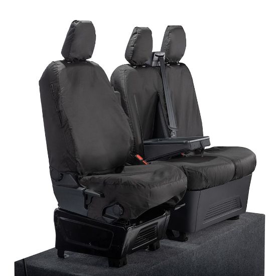 Picture of UK Custom Covers Ford Transit Custom Seat Covers Cotton-Backed PU (2023+) - Front (single/Double WITH pull Down Tray / Black | SC334B