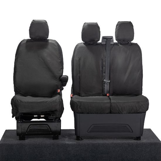 Picture of UK Custom Covers Ford Transit Custom Seat Covers Cotton-Backed PU (2023+) - Front (single/Double WITH pull Down Tray / Black | SC334B